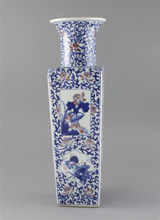 A Chinese underglaze blue and copper red square baluster vase, late Qing dynasty, H. 43.5cm